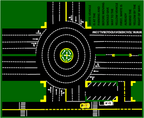 21. Drive white behind the yellow vehicle
