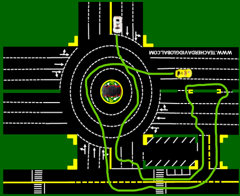 22. Drive white behind the yellow vehicle