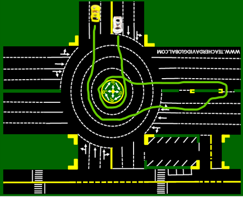 23. Drive white behind the yellow vehicle