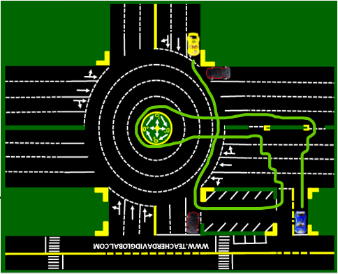 24. Drive yellow behind the blue vehicle
