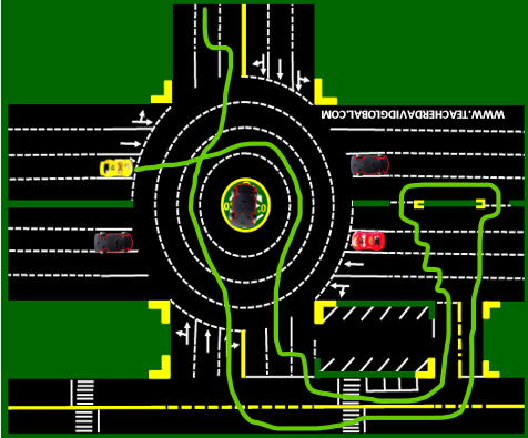 26. Drive yellow in front of the red vehicle