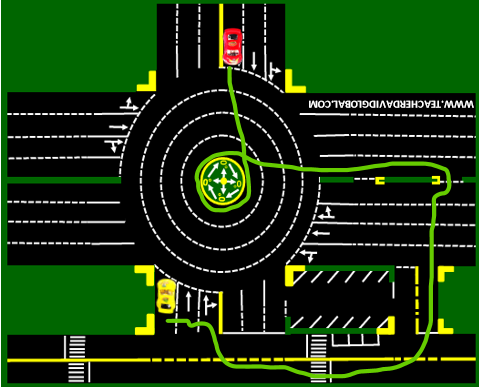 31. Drive red behind the yellow vehicle