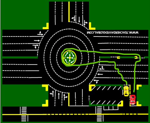 32. Drive yellow behind the red vehicle