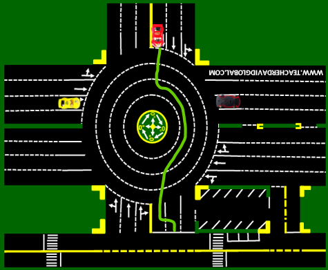 34. Drive red in front of the yellow vehicle