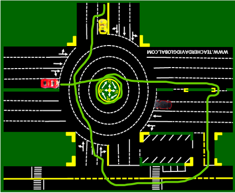 35. Drive red in front of the yellow vehicle