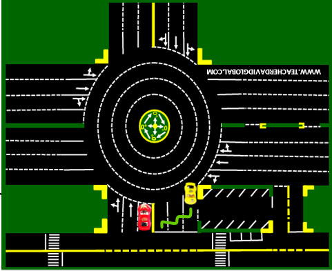 37. Drive yellow in front of the red vehicle