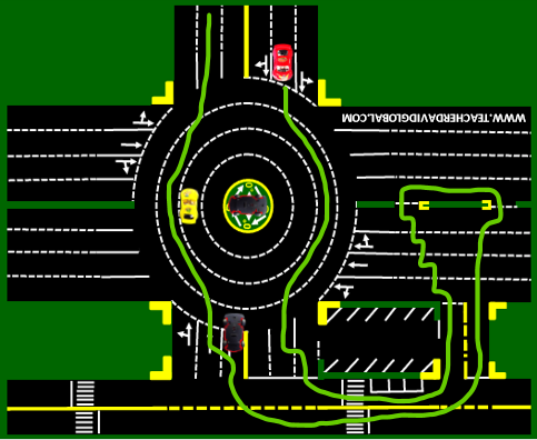 38. Drive red in front of the yellow vehicle
