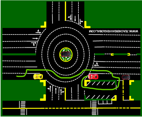 42. Drive red in front of the yellow vehicle