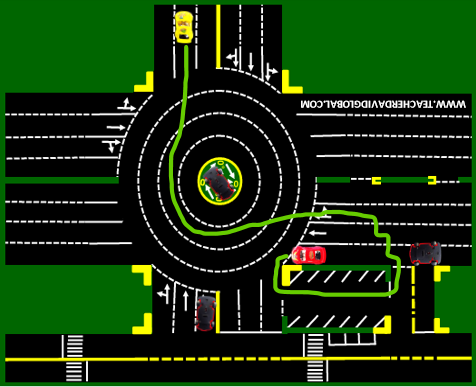 43. Drive red behind the yellow vehicle