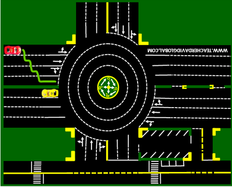 44. Drive red behind the yellow vehicle