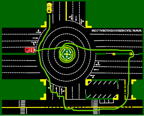 45. Drive red behind the yellow vehicle