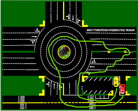 46. Drive red behind the yellow vehicle