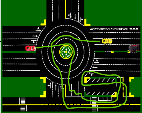 47. Drive red behind the yellow vehicle