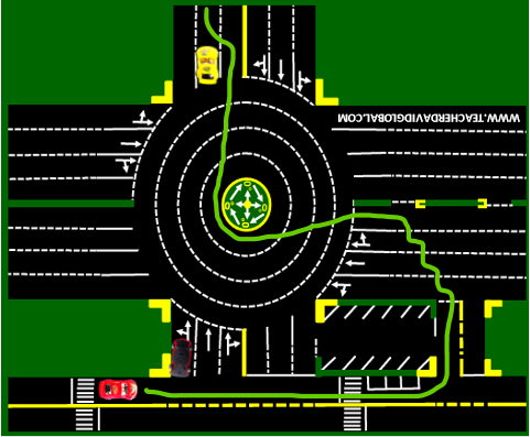 50. Drive red in front of the yellow vehicle