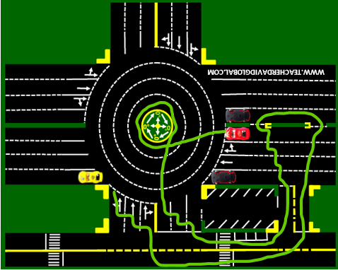 51. Drive red behind the yellow vehicle