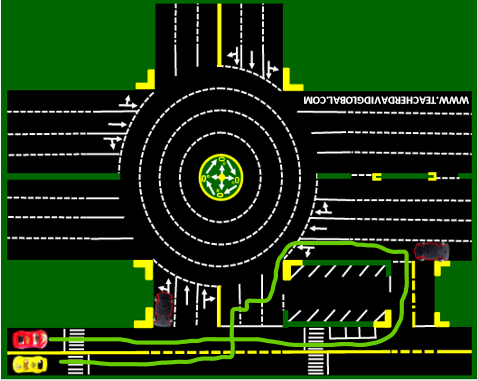 52. Drive red behind the yellow vehicle