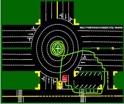 54. Drive red behind the yellow vehicle