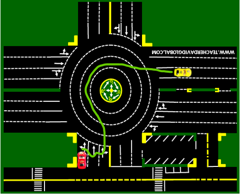 55. Drive red behind the yellow vehicle