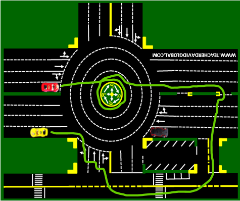 56. Drive red behind the yellow vehicle
