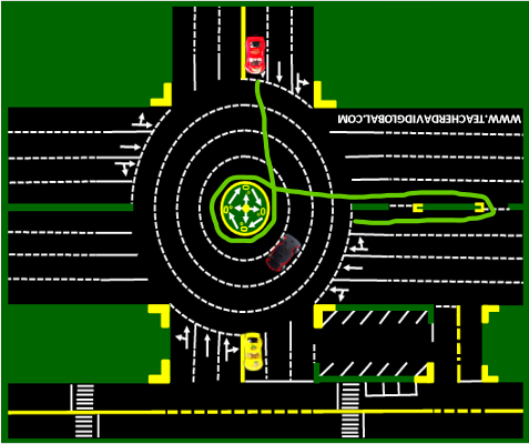 57. Drive red behind the yellow vehicle