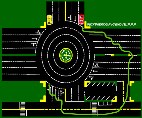 58. Drive red behind the yellow vehicle
