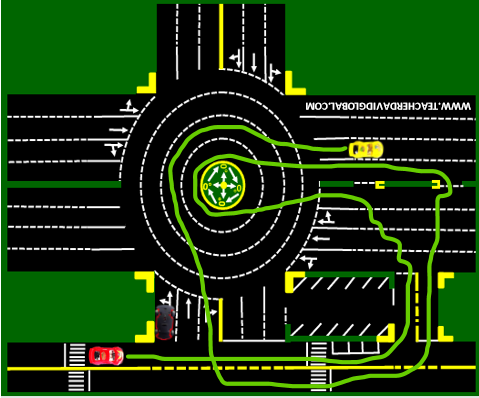 61. Drive red behind the yellow vehicle