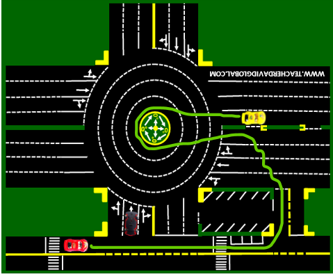 62. Drive red behind the yellow vehicle