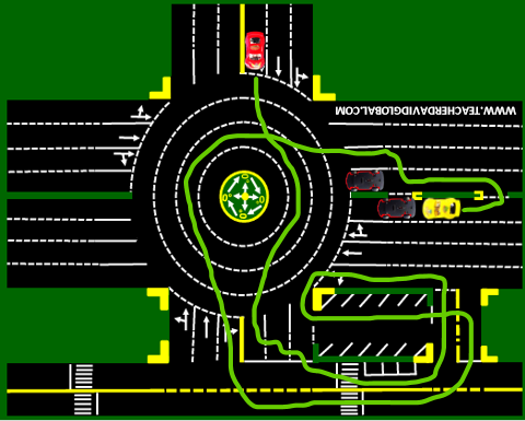 64. Drive red behind the yellow vehicle