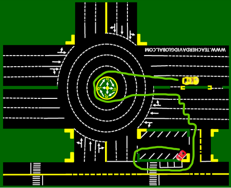 66. Drive red behind the yellow vehicle