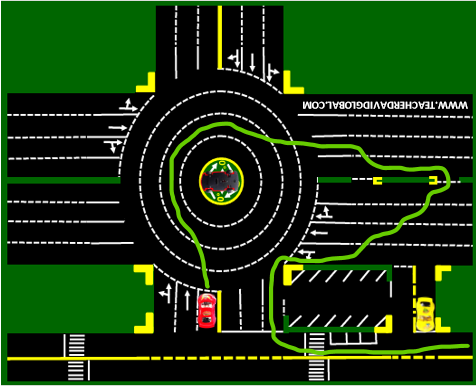68. Drive red in front of the yellow vehicle
