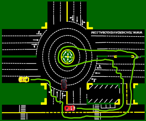 69. Drive red behind the yellow vehicle